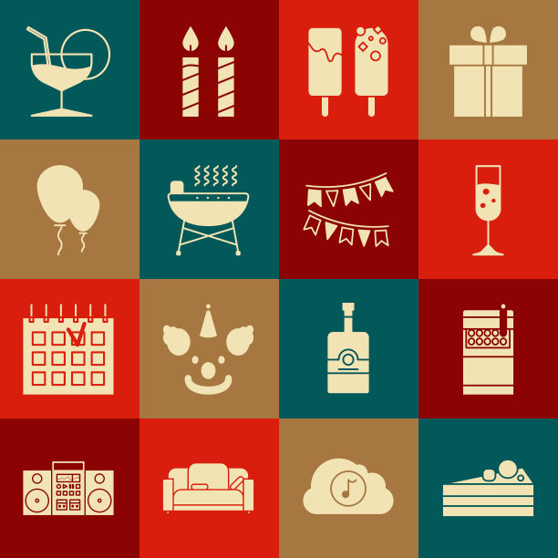 Set Cake, Open cigarette pack box, Glass of champagne, Ice cream, Barbecue grill, Balloons with ribbon, Martini Glass and Carnival garland flags icon。向量图片下载