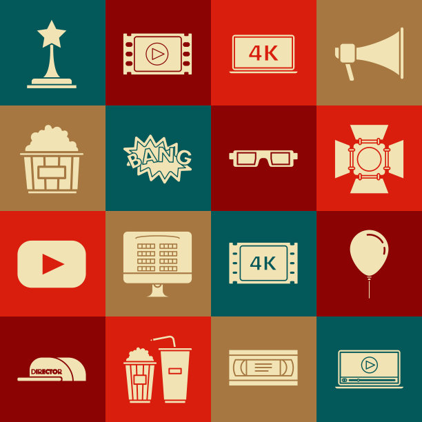 Set Online play video, Balloon with ribbon, Movie spotlight, Laptop screen 4k technology, Bang boom text speech bubble Balloon, Popcorn cardboard box, trophy and 3D cinema glasses icon。向量图片下载