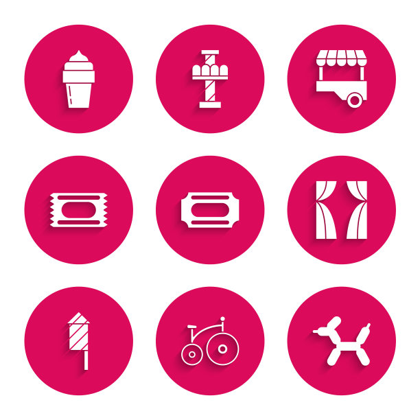 布景马戏团门票，老式自行车，气球狗，窗帘升起，烟花火箭，快餐车和冰淇淋图标。向量图片下载