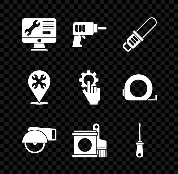 集电脑监控服务，电钻，电锯，圆锯，油漆桶和刷子，螺丝刀，定位用扳手和设置手图标。向量图片下载
