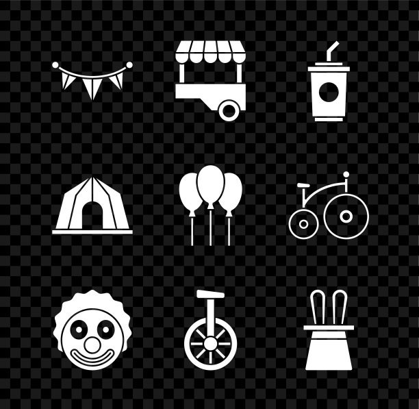 设置嘉年华花环与旗帜，快餐街食品车，纸玻璃水，小丑头，独轮车或一个轮子自行车，魔术师帽子兔子耳朵，马戏团帐篷和气球丝带图标。向量图片下载