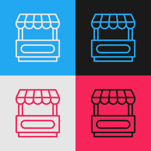 波普艺术线快餐街头餐车与遮阳篷图标孤立的颜色背景。城市亭。向量图片下载