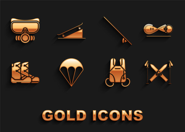 设置降落伞，滑板技巧，滑雪和棍棒，靴子，冲浪板，潜水面具和在街道坡道图标。向量图片下载