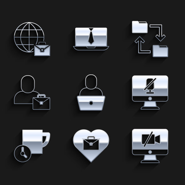 设置自由职业者，心与文本工作，电脑上的视频摄像头关闭，静音麦克风，时间管理，云存储文件文件夹和在线工作图标。向量图片下载