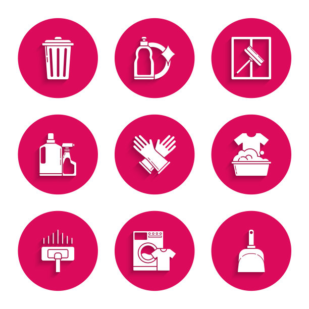 设置橡胶手套，洗衣机和t恤，畚箕，带肥皂泡沫的塑料盆，吸尘器，液体洗碗液瓶，刮刀，刮刀，雨刷和垃圾桶图标。向量图片下载