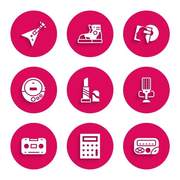 设置口红，计算器，传呼机，麦克风，复古盒式磁带，音乐CD播放机，黑胶唱片和电子低音吉他图标。向量图片下载