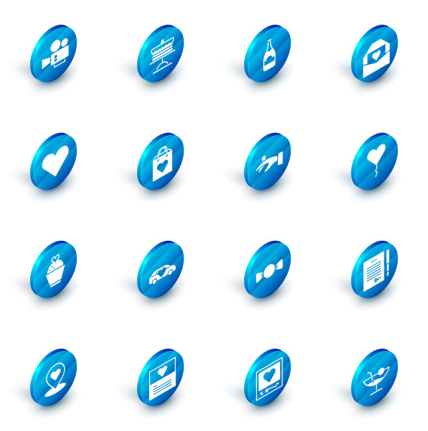 Set Cake on plate, Champagne bottle, Envelope with Valentine heart, heart, Wedding Cake, Shopping bag, Balloon form of and rings hand icon。向量图片下载