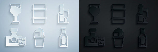 Set Glass of beer, Champagne bottle and Glass, Whiskey, beer, Metal keg and Wine icon。向量图片下载