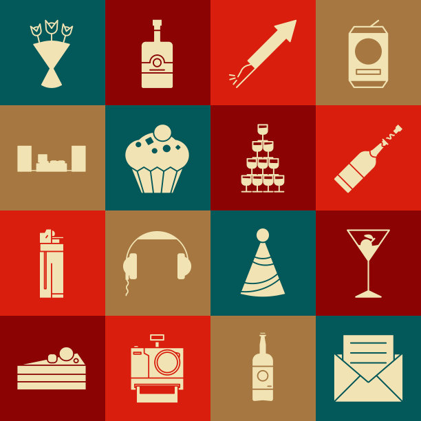 套信封与请柬，马提尼杯，香槟瓶，烟花火箭，松饼，家庭立体声两个扬声器，花束和酒杯堆叠金字塔塔图标。向量图片下载