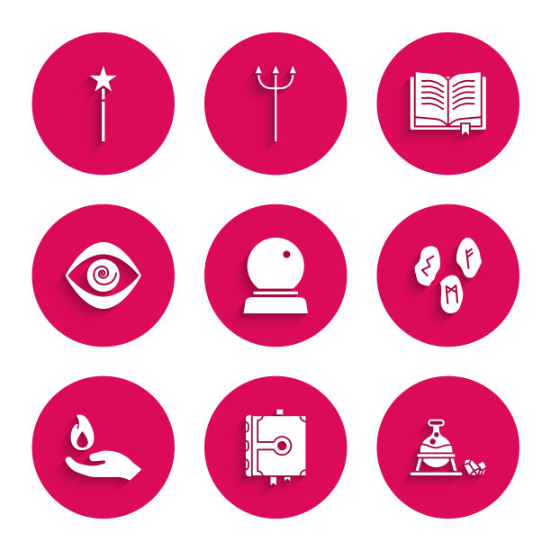 设置魔法球，古老的魔法书，女巫坩埚和石头，符文，手握火，催眠，和魔杖图标。向量图片下载