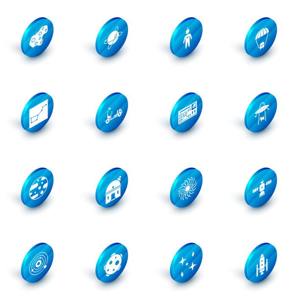 卫星环绕地球，宇航员，太空舱和降落伞，大熊星座，火星，漫游者，不明飞行物诱拐牛和未来的界面图标。向量图片下载