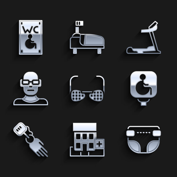 设置盲人眼镜，医院大楼，成人尿布，残疾人轮椅，假肢手，视力差，跑步机，残疾人独立厕所图标。向量图片下载