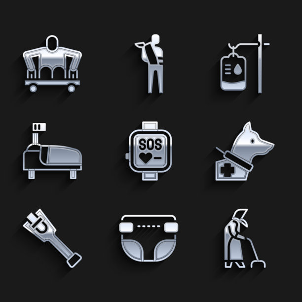 设置智能手表，成人尿布，祖母，导盲犬，假肢腿，医院床，IV包和男人没有腿坐轮椅图标。向量图片下载