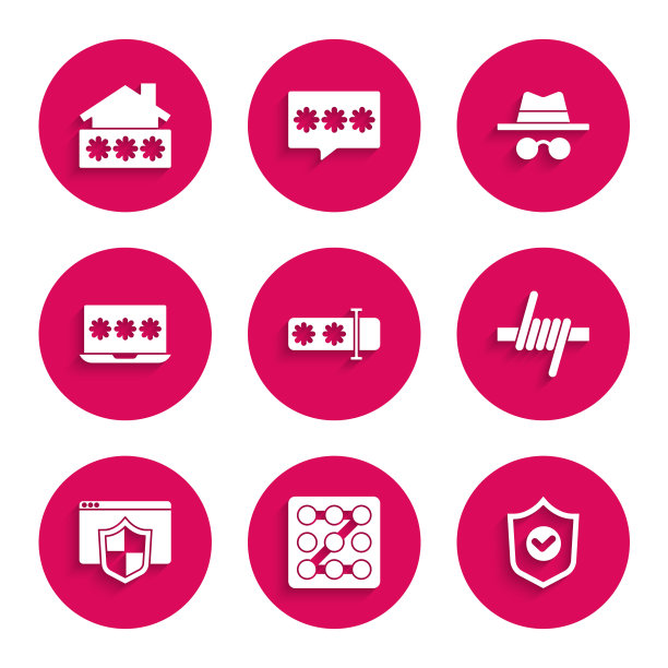 设置密码保护，图形密码，带检查标记的屏蔽，铁丝网，浏览器屏蔽，笔记本电脑，隐身模式和房子图标。向量图片下载