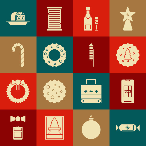 套装糖果，智能手机与礼盒，饼干或饼干巧克力，香槟瓶香槟杯，圣诞花环，糖果藤条纹，杏仁软糖海绵蛋糕和烟花火箭图标。向量图片下载