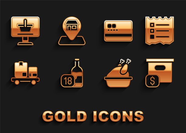 集酒瓶，购物清单，纸板箱与价格，烤火鸡或鸡肉，手推车和盒子，信用，购物车电脑和位置市场商店图标。向量图片下载