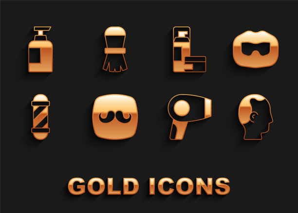 集理发店，小胡子和胡须，秃头，电吹风，经典杆，剃须凝胶泡沫，瓶洗发水和刷子图标。向量图片下载