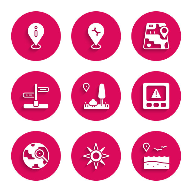 设置城市地图导航，风玫瑰，海滩位置，Gps设备错误，放大镜地球仪，道路交通标志，信息图标。向量图片下载