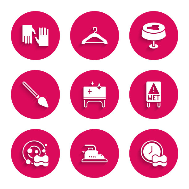 设置清洁桌子，电熨斗，洗盘子，湿地板，拿扫帚，染色台布和橡胶手套图标。向量图片下载