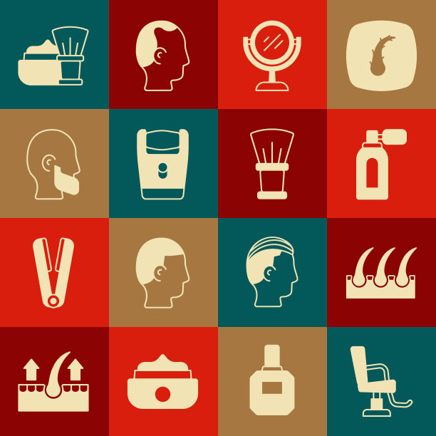 配套理发店椅、人体毛囊、须后水、雾化器、手镜、电动剃须刀片、小胡子、剃须刷泡沫及图标。向量图片下载