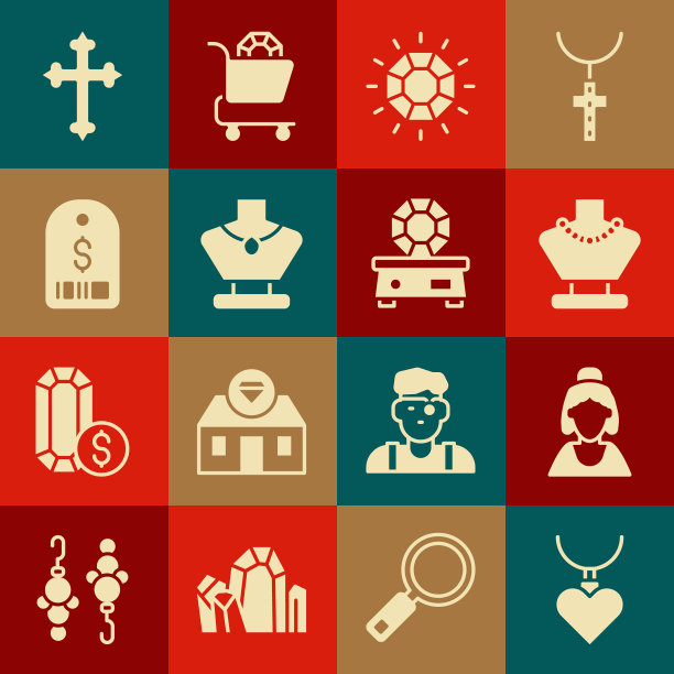 心形吊坠项链，珠宝店顾问，人体模型，钻石，价格标签美元，基督教十字架和宝石石图标。向量图片下载