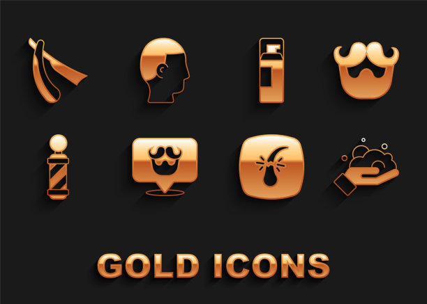 集理发店，小胡子和胡须，剃须泡沫在手上，破碎的毛囊，经典杆，凝胶，直剃须刀和男人的发型图标。向量图片下载