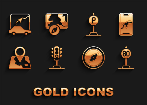 设置交通灯，城市地图导航，限速交通，指南针，折叠位置标记，停车，和图标。向量图片下载