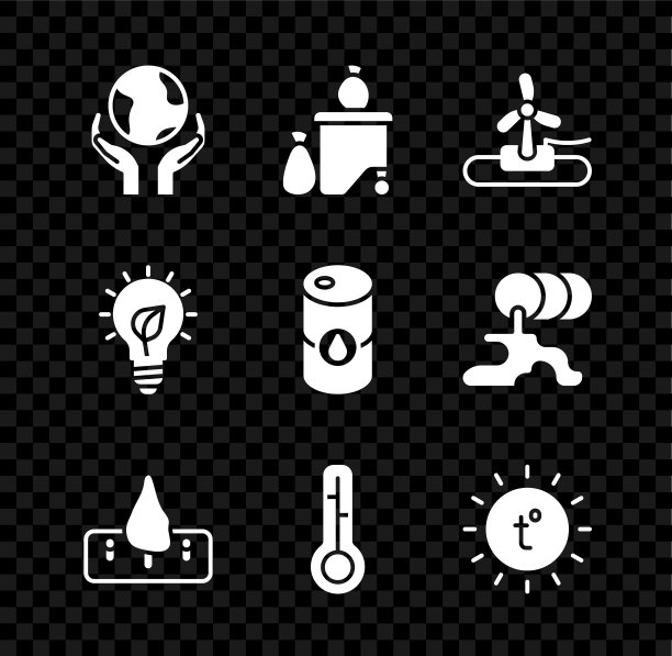 集合手握地球，满垃圾箱，风力涡轮机，森林砍伐，气象温度计，太阳，灯泡与树叶和桶石油图标。向量图片下载