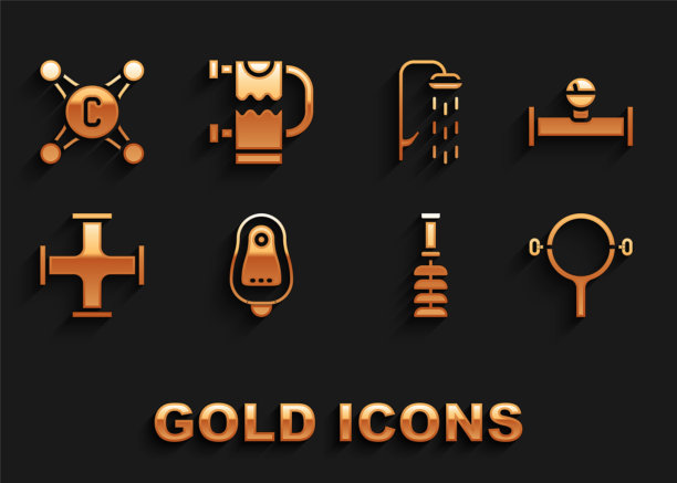 设置厕所便池或pissoir，工业管道和压力计，过滤器扳手，刷子，金属，淋浴，水龙头和加热毛巾轨道图标。向量图片下载