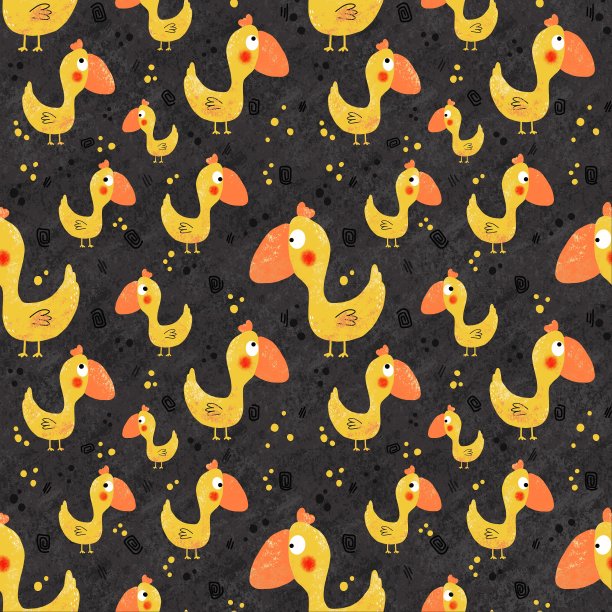 在黑色背景上画一只有趣的黄色小鸟。这幅插图是用涂鸦风格手绘的。数码插图。为织物、纸张和其他物品设计。图片下载