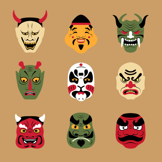 亚洲的面具。真实的日本戏剧面具纹身脸狼和狐狸卡通女孩艺术女人最近矢量程式化平面插图图片下载
