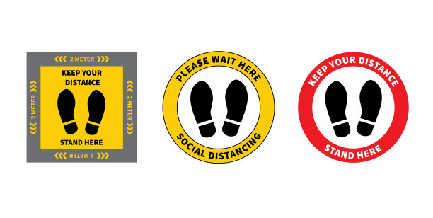 社会距离。脚印标志在超市的立场。保持2米的距离。Coronovirus流行的保护。矢量图图片下载