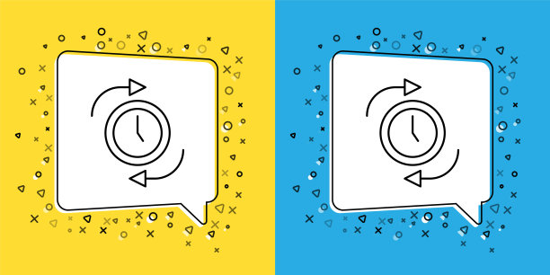 设置线时钟与箭头图标孤立在黄色和蓝色的背景。时间的象征。图标箭头和时间顺时针旋转。向量图片下载
