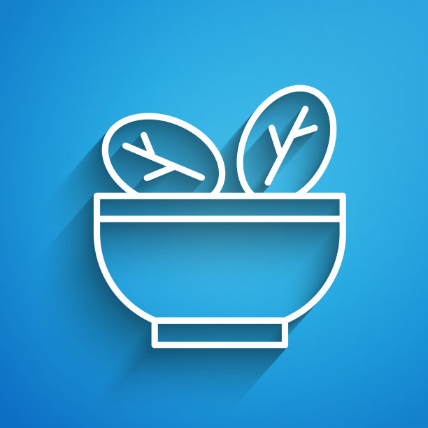 白线沙拉碗图标孤立在蓝色背景。新鲜蔬菜沙拉。健康饮食。长长的阴影。向量图片下载