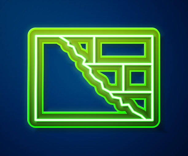 发光的霓虹灯线砖块图标孤立在蓝色背景。向量图片下载