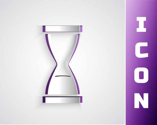 纸割旧沙漏与流动的沙图标孤立在灰色背景。沙漏的迹象。商业和时间管理理念。纸艺术风格。向量图片下载