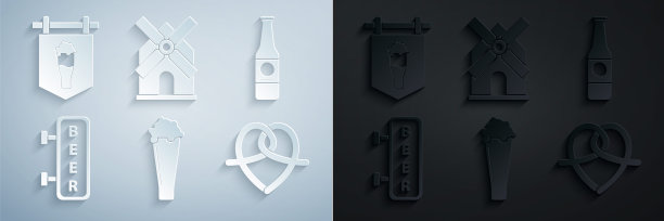 啤酒杯，啤酒瓶，街道招牌题字，椒盐卷饼，风车和玻璃图标。向量图片下载