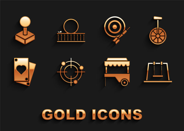 设置目标运动射击比赛，秋千，快餐街餐车与遮阳篷，扑克牌，经典飞镖板和箭，操纵杆街机和过山车图标。向量图片下载