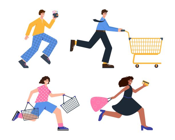 快乐的人们为购物、促销和折扣而奔跑。图片下载