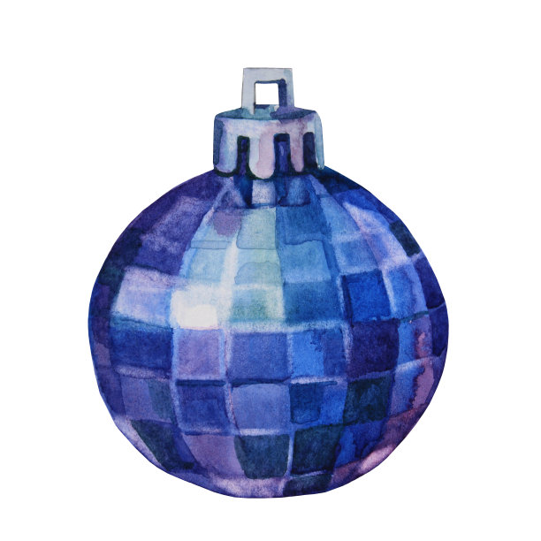 水彩手绘蓝色银色闪亮圣诞装饰迪斯科球孤立在白色背景。为新年，聚会，庆祝，贴纸，墙纸，素描本的创造性玩具剪纸图片下载