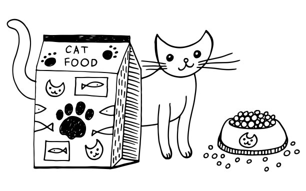 猫粮涂鸦插图。有趣可爱的小猫和盘子素描。用宠物画线条。向量的艺术品图片下载