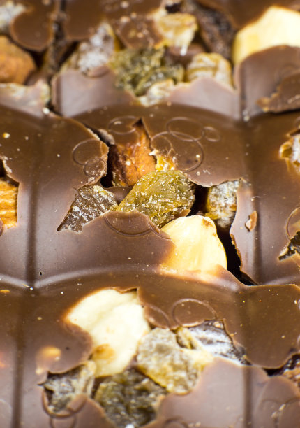 牛奶巧克力棒与坚果，干果和葡萄干背景纹理。特写，微距照片。图片下载