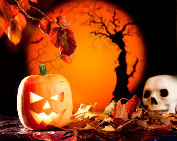 万圣节橙色南瓜在秋天的叶子上图片下载