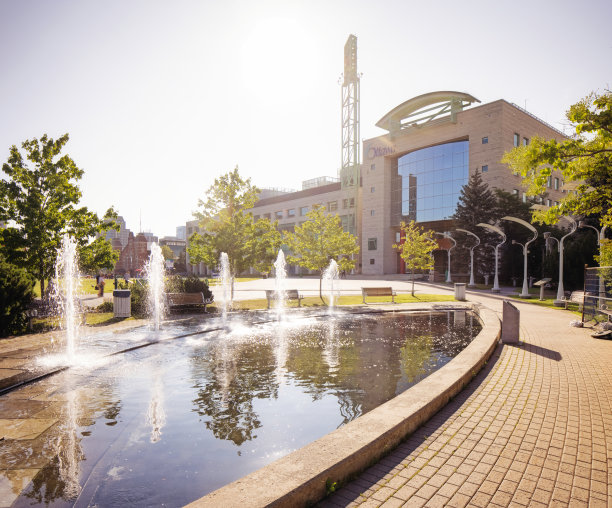 渥太华市政厅与喷泉在前景拍摄在一个阳光明媚的夏天早晨图片下载