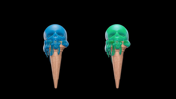 3d渲染绿色和蓝色在黑色背景上的骷髅形状的融化冰淇淋图片下载