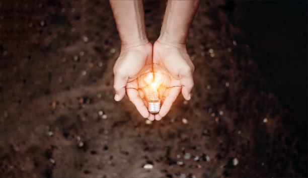 手握灯泡，自然能源，爱世界的理念。图片下载