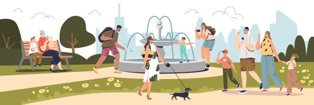 人们散步在夏日公园与喷泉快乐图片下载