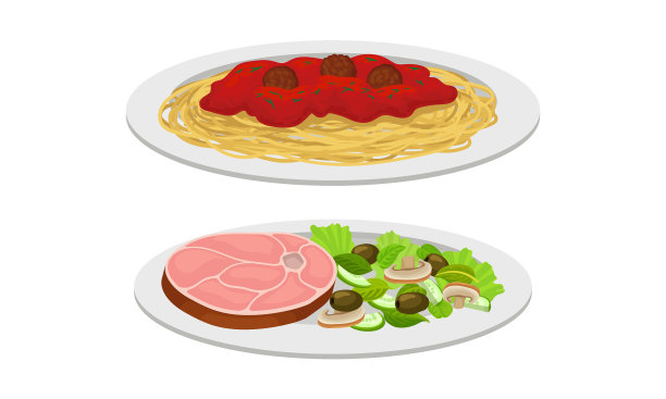 肉丸意大利面，牛肉片和沙拉图片下载