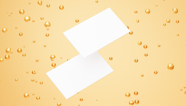 白色的空白名片模型与金色的球体在米色的背景，3d渲染模板图片下载