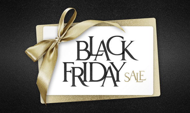 白色礼品卡与金色丝带蝴蝶结和黑色星期五销售文本，孤立在黑色背景模板与复制空间促销优惠图片下载